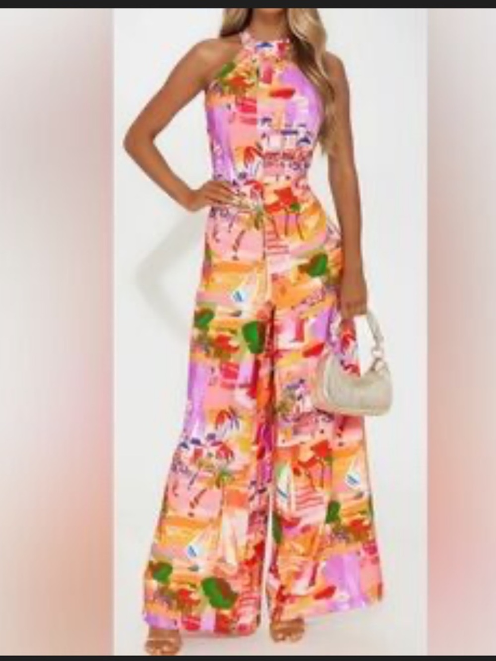 Fashion Nova Pink Multi Tropical Print Wide-Leg Jumpsuit